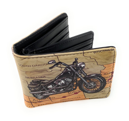 Shag Wear Route 66 Motorcycle Road Trip Wallet for Men and Teen Boys Vegan Faux Leather Brown
