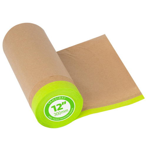 Tangibay Pre-Taped Masking Paper for Painting - 12 inch x 50 feet Tape and Drape Painters Paper, Paint Adhesive Protective Paper Roll for Covering Skirting, Frames, Cars and Auto Body (1 Roll)