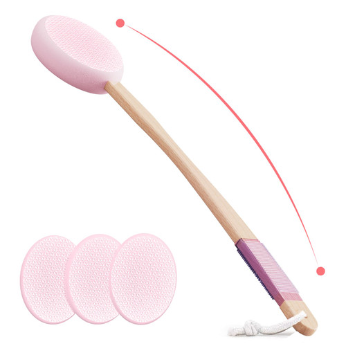 Svarvns Lotion Applicator With 4 Replaceable Pads for Back, Self, Elderly, Women - Cream Medicine Applicator With 17" Curved Handle Easy to Target Back and Feet, Pink