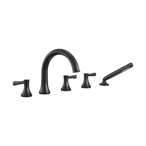Wowkk Roman Tub Faucet Black 5 Holes Deck Mount Brass Bathtub Filler with Hand Shower for Bathroom