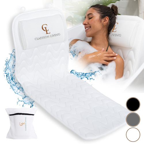 Full Body Bath Pillow (17'' x 49'') - Bathtub Cushion with Headrest Supports Neck, Back and Legs - Free Hanging Hooks for Fast Drying Over Tub - Includes Washing and Travel Bags - White Full Body Bath Pillow (17'' x 49'') - Bathtub Cushion with Headrest Supports Neck, Back and Legs - Free Hanging Hooks for Fast Drying Over Tub - Includes Washing and Travel Bags - White