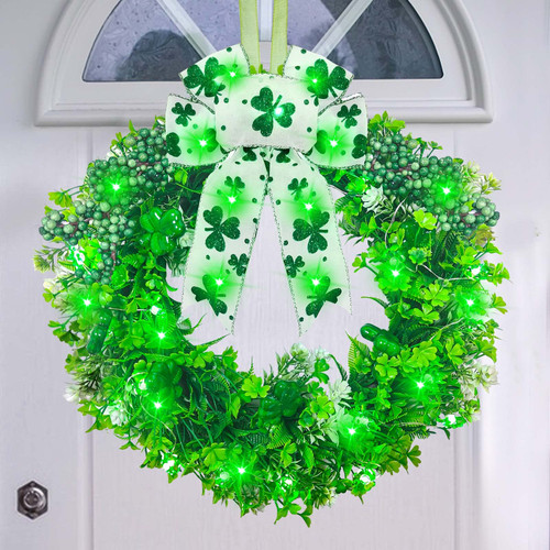 16" St Patricks Day Wreath for Front Door - 28 Clover Green Lights Battery Operated Shamrock Wreath with Bow, Spring Artificial Wreath Irish St Patricks Day Decoration for Wall Window Porch Home