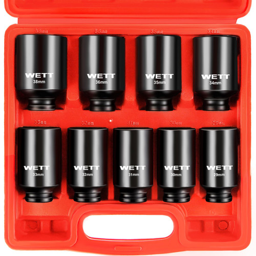 WETT 1/2" Drive Deep Large Impact Socket Set, 9-Piece Spindle Axle Nut Metric 6 Point Sockets Set, CR-V, 29mm-38mm
