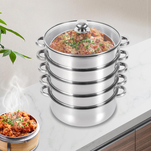 5-Layer Stainless Steel Steamer, 30CM Commercial Food-Grade Steamer Cookware Steaming Pot Tool w/Glass Lid Foods Steamers for Induction Cookers, Electric Ceramic Stoves, Gas Stoves (Silver, 30CM)