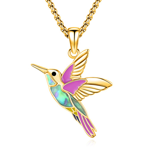 Eusense Hummingbird Necklace Gold-Plated Hummingbird Jewelry for Women Men Abalone Shell Yellow Gold-Plated Hummingbird Gifts Bird Pendant for Mom