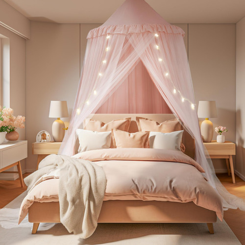 little dove Large Bed Canopy with Star Lights, Double Layer Canopy for Bed, Princess Play Tent for Girls Room, Breathable Bed Curtain for Children Reading Nook, Machine Washable, 40''x 106'', Pink