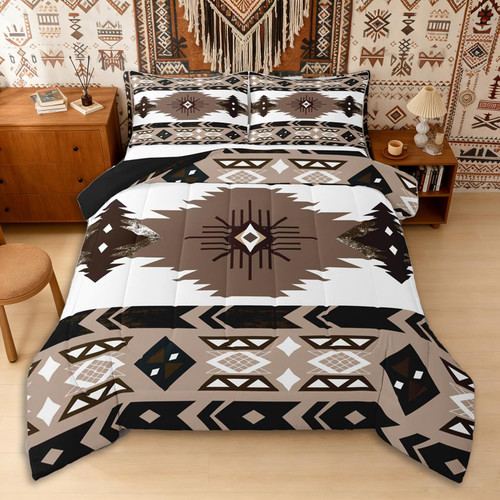 Erosebridal Southwestern Bedding Set Full Bohemian Geometric Quilt,Ethnic Tribal Arrow Comforter Set Western Duvet Insert Country Decor,Geometric Diamond Triangle Exotic Aztec Boho Decor,White Brown