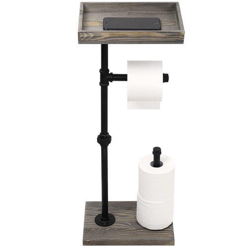 MyGift Freestanding Toilet Paper Holder Stand with Shelf - Rustic Wood Farmhouse Bathroom Toilet Paper Holder with Storage