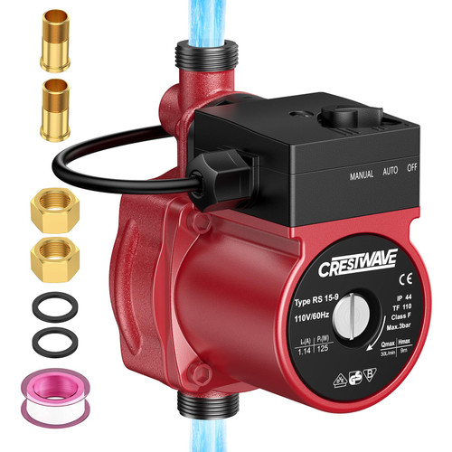 CrestWave Hot Water Recirculating Pump, 125W 115V Automatic Circulation Pump for Water Heater, Dual Control Modes for Domestic Hot Water Recirculating System