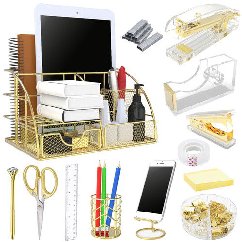 YOLOZAI Office Desk Organizers, Gold 13PCS Office Supplies and Accessories Desk organizer, Acrylic Stapler, Staple Remover, Clips, Scissor, Phone Holder, Pen, Pen Holder