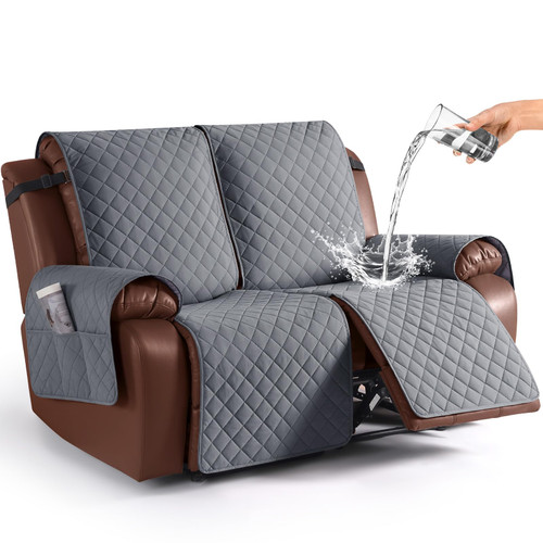 KinCam Waterproof Oversized Loveseat Recliner Cover, Non-Slip Reclining Couch Covers for 2 Seat, Recliner Sofa Cover Furniture Protector with Elastic Straps for Kids, Pets, Dark Gray