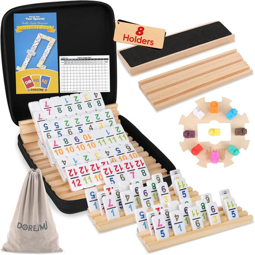 Doreimi Mexican Train Dominoes Set with Numbers and 8 Wooden Holders, Double 12 Dominos Set for Kids, Adults Travel Domino Train with 91 Tiles and Upgrated Hub, Classic Board Games for Family Night