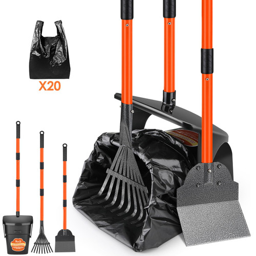 Lukovee Dog Pooper Scooper, 37.4" Long Adjustable Metal Handle Swivel Bin & Rake & Spade Kit with 20 Poop Bags, Portable Dog Non-Breakable Poop Scooper for Gravel Yard Lawn Grass, Orange