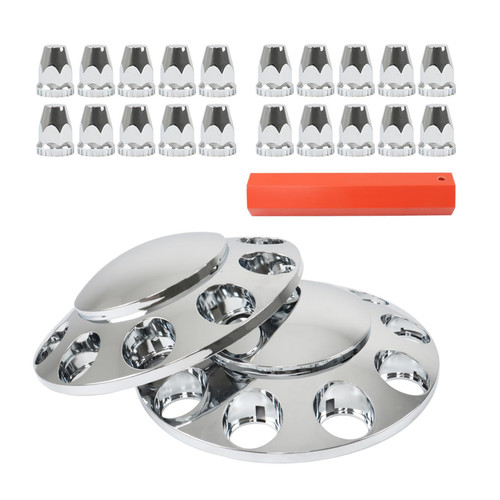 2 Chrome Front Hub Axle Cover Center Caps with 33mm Lug Nut Covers Replacement for Semi Truck 20 in, 22.5 in and 24.5 in Wheels