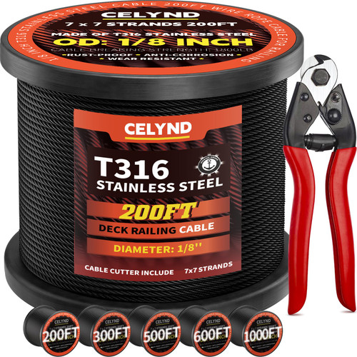 Black Stainless Steel Cable for Railing - 200FT 1/8" T316 Wire Rope for Deck Cable Railing System Kit