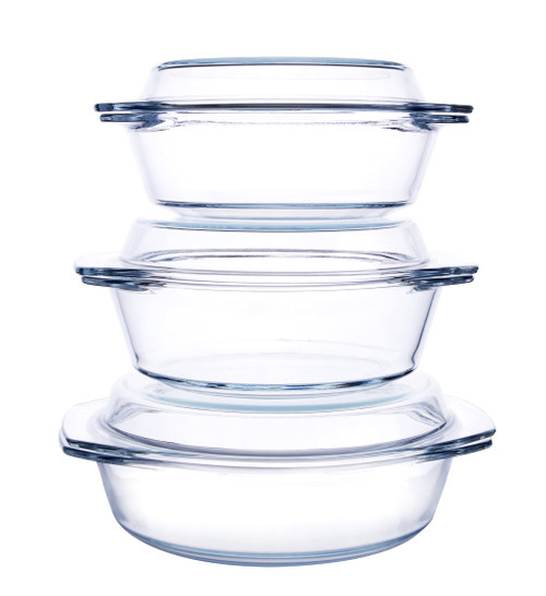 HUSANMP Set of 6 Pieces Round Tempered Glass Casserole Dish with Lids, Glass Casserole Baking Dish Set for Oven, Freezer and Dishwasher Safe - 1QT+1.5QT+1.8QT