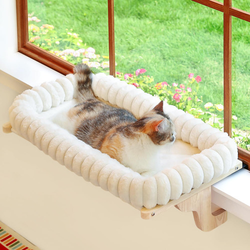 Zakkart SnugCloud Cat Window Perch with 4-Sided Bolster - Orthopedic Cat Hammock for Window Sill - Solid Hardwood & Metal Frame - Window Seat for Pets (Natural Color Wood w/White Bed, Medium)