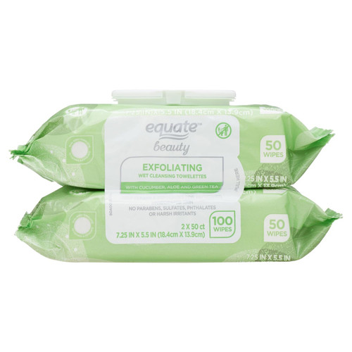 Equate Exfoliating Wet Cleansing Makeup Remover Facial Wipe, Twin Pack, 100 Count