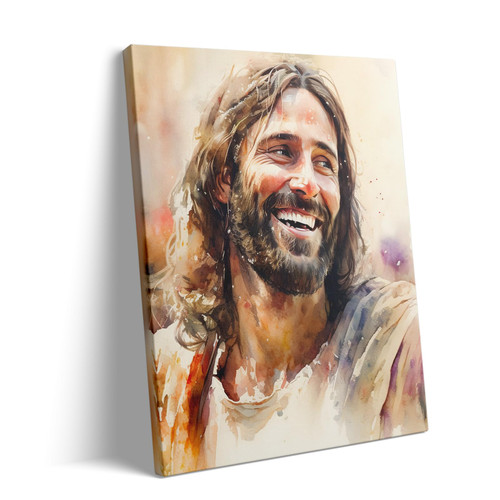 Jesus Canvas Wall Art Decor - 16X20 inch Smiling Jesus Christ Watercolor Painting for Religious Home Decoration, Inspirational Christian Artwork for Living Room, Office or Church Wall Decor