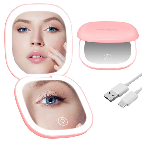 VANRIOS Travel Magnifying Mirror with Light,Dual-Sided Compact Mirror for Purse with 15X Magnification, 3 Lighting Modes, Auto Shut-Off, Portable Pocket Makeup Mirror, Essential Travel Mirror