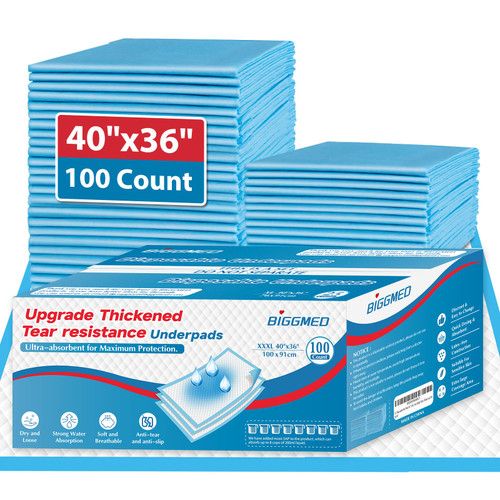 BIGGMED 100 Count Incontinence Bed Pads 40'' x 36'' Tear-Resistant Disposable Underpads Heavy Duty Chucks Pads for Adults, Kids & Elderly | Protection Pads for Bed, Sofa, and Chair