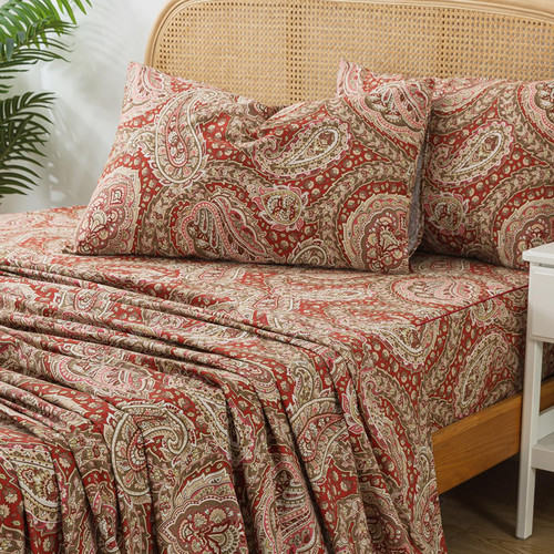 Zusbest Queen Size Bed Sheet Set 100% Cotton Burgundy Red Paisley Patterned Sheets Luxury Soft Breathable Crispy Cooling Percale Boho Bed Set Deep Pocket 17.5 Inches, 4 Pieces