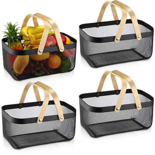 Sadnyy 4 Pcs Black Easter Metal Wire Storage Basket with Handle Mesh Harvest Durable Vegetables Fruit Toy Basket for Garden Organizing, Kitchen, Countertop, Closet, Bedroom (16 x 9.8 x 7.1 Inch)