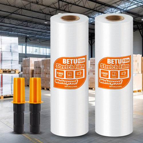 Stretch Film Shrink Wrap for Moving Supplies (15inch, 2 Pack) x 1000ft, Industrial Strength Plastic Wrap Stretch Roll for Pallet Wrapping Shipping Moving Boxes Storage Furniture with Handles, Clear