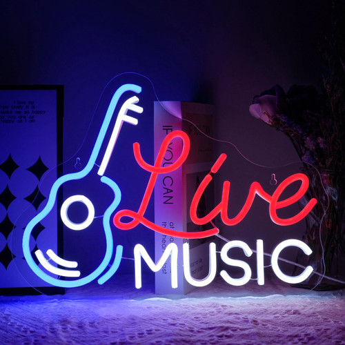 Virlusy Live Music Neon Sign for Wall Decor - Dimmable LED Light for Studio, Guitar, Bar, Concert, Party, Man Cave - Room Decoration Gift