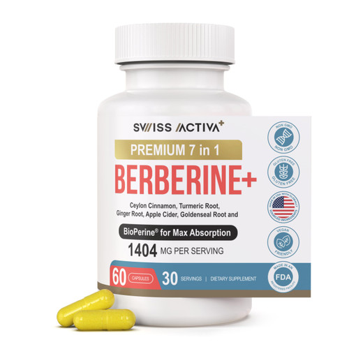 Swiss Activa+ Labs Organic 7-in-1 Berberine Supplement | 600mg HCl + Ceylon Cinnamon, Turmeric, Ginger, ACV, Goldenseal, BioPerine | Metabolic, Heart & Digestive Support | Vegan, Non-GMO 30 Day Supply