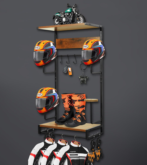 NANXITU Motorcycle Helmet Rack Wall Mount, Retro Rust Helmet Holder with Wood Floating Shelf and Hooks for Storage