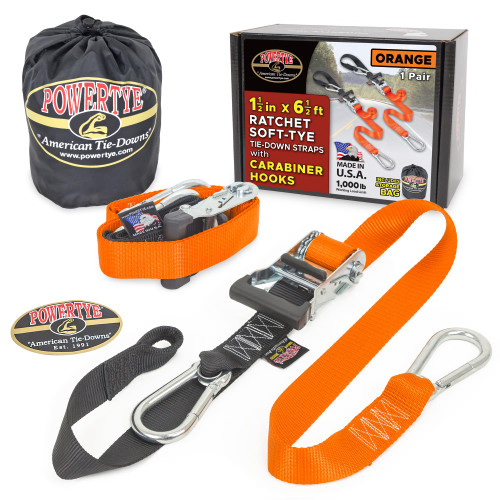 PowerTye 1.5in x 6.5ft Heavy Duty Ratchet Tie-Down Straps with Soft-Tye, Carabiner Hooks - 1,000 lb Working Load Limit / 3,000 lb Breaking Strength - Made in USA - Orange/Black Pair + Storage Bag