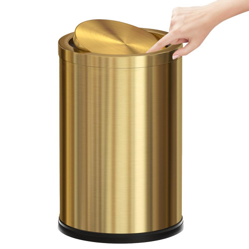 YOJIA 2.4 Gallon Brass Gold Bathroom Trash Can, Fancy Waste Basket Powder Room Bedroom, Elegant Modern Decorative Garbage Can for Restroom Office Hotel Kitchen (Gold Single Layer)
