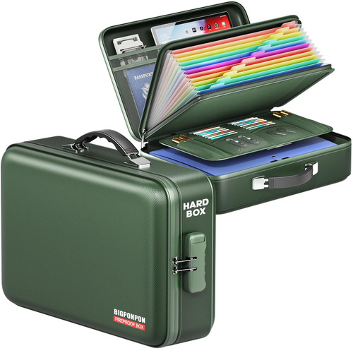 BigPonPon Fireproof Document Box, Hard Case Highly Flame-Resistant Fire Proof Waterproof File Organizer with Lock, Portable Fire Safe for Important Documents & Valuables Storage (Green, ‎16"*12"*5")
