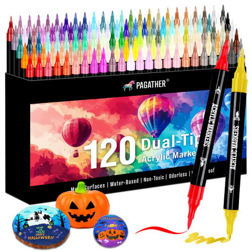 120 Colors Acrylic Paint Markers, Dual Tip Fine Tip and Brush Tip Pens Contain 24 Metallic Color for Stone, Wood, Calligraphy, Canvas, Ceramic, Metal, Glass, Rock Painting, DIY Crafts