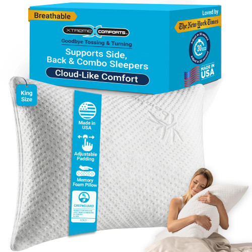 Xtreme Comforts Pillows for Sleeping - Adjustable King Memory Foam Pillow for Side, Back & Stomach Sleepers w/Removable Cooling Zipper Cover - Made in The USA