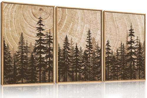 Celestdeco Forest Pine Tree Framed Canvas Wall Art Set,Rustic Woodland Landscape Wall Decor,Large Vintage Natural Painting,Retro Brown Artwork for Living Room,Bedroom, Kitchen,Study,Office - 16"x24"x3