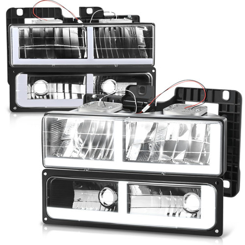 Auto Dynasty LED DRL Headlights Assembly Compatible with 1988-2002 Chevy GMC Tahoe Blazer C/K Suburban Yukon, 4Pcs Composite Headlamps w/Bumper Lamps, F-LED Switchback DRL, Black Housing Clear Corner