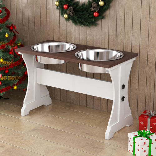 Piskyet Elevated Dog Bowls,Farmhouse Dog Bowls Stand, Raised Dog Bowl with 2 Stainless Steel Wooden Dog Bowl 12 Cups 15.7''H 90 OZ Bowl-Farmhouse Style