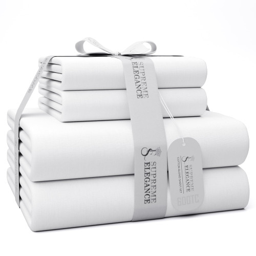 600 Thread Count Queen Bed Sheets Arctic White, Cotton Rich Sateen Weave Easy Care Bed Sheet, Ultra Soft & Silky Elasticized Deep Pocket Sheets (1 Flat, 1 Fitted Sheet & 2 Pillowcases)