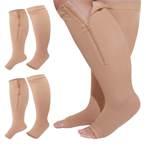Hillban 2 Pair Plus Size Calf Zipper Compression Socks 15 to 20 Mmhg Open Toe Compression Stockings for Overweight Women Men(XL,Nude)