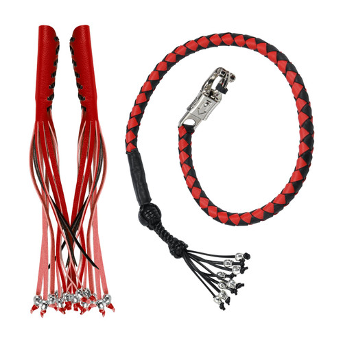 【2Pack】 Motorcycle Get Back Whips and Lever Cover Set PU Leather Handlebar Accessories for Motorcycle with Tassels and Skull Beads (Red with Black, Whips-36 + Lever Cover-14)