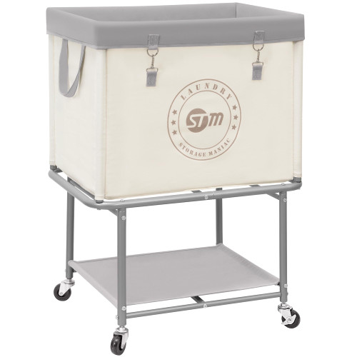 STORAGE MANIAC Rolling Laundry Cart with Storage Shelf, Heavy Duty Industrial Laundry Basket with Wheels, Commercial Metal Frame Clothes Hamper with Canvas Bag for Dorm, Closet, Bedroom, Beige