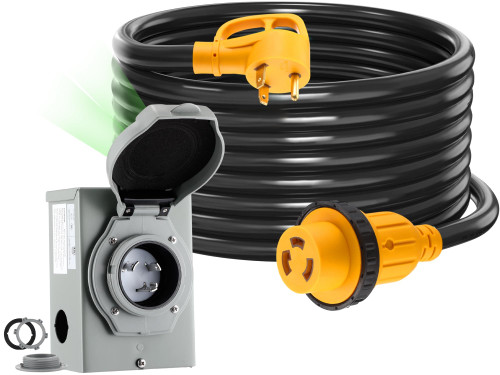 Kanayu 25FT 30 Amp RV Generator Cord and Power Inlet Box Compatible with NEMA TT-30P to L5-30R Lock Generator Extension Cord with LED Indicator Pre-Drilled L5-30P Generator Inlet Box, ETL Listed