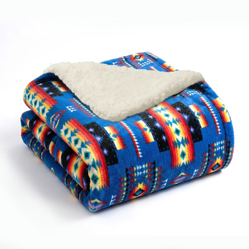Sacred Thread Aztec Blanket Fleece, Reversible Native American Blanket, Western Throw, Native American Western (Blue Sherpa), Queen (79”x95”)