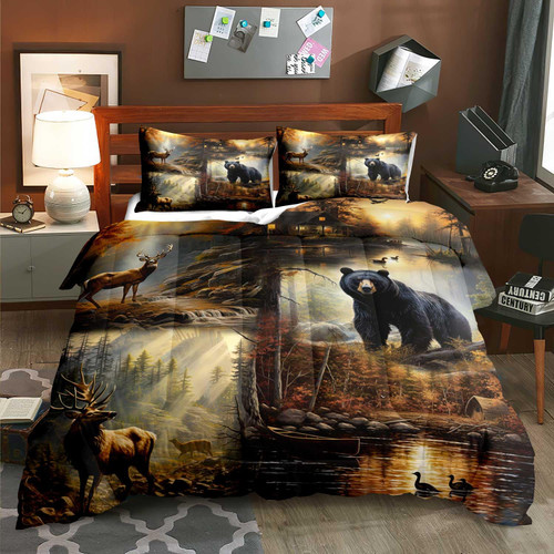 LUVIVIHOME 3PCS Black Bear Deer Comforter Set Queen Size, Elk Moose Mallard Duck Woodland Forest Animal Wildlife Hunting Camo Hunter Country Lodge Rustic Farmhouse Cabin Bedding Sets, 2 Pillow Shams