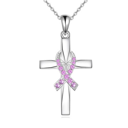 ONEFINITY Cross Breast Cancer Awareness Necklace 925 Sterling Silver Pink Ribbon Cross Pendant Necklace Breast Cancer Survivor Gifts for Women ONEFINITY Cross Breast Cancer Awareness Necklace 925 Sterling Silver Pink Ribbon Cross Pendant Necklace Breast Cancer Survivor Gifts for Women