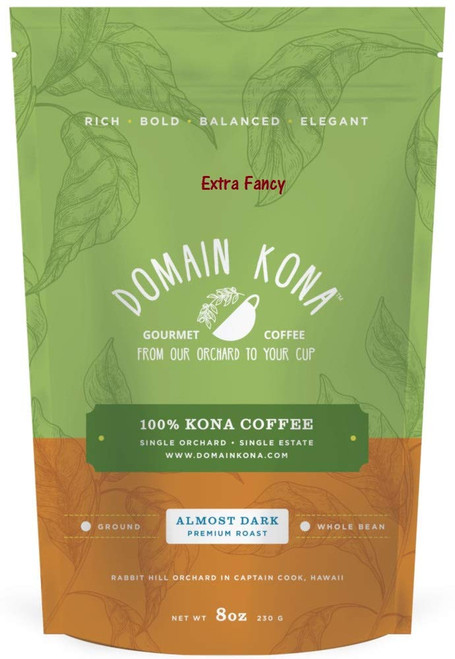 100% Kona Coffee - Extra Fancy grade Whole Bean - Almost Dark roast, Single estate gourmet coffee, 8 ounces, ships direct from Domain Kona Coffee