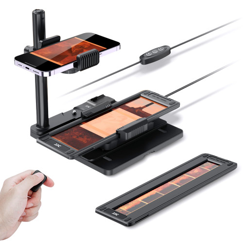 JJC Mobile Film Scanner Converts 35mm & 120 Format Film to Digital, Negative Film Digitizer with LED Backlight and Adjustable Cellphone Clamp Holder, Detachable Wireless Remote Included