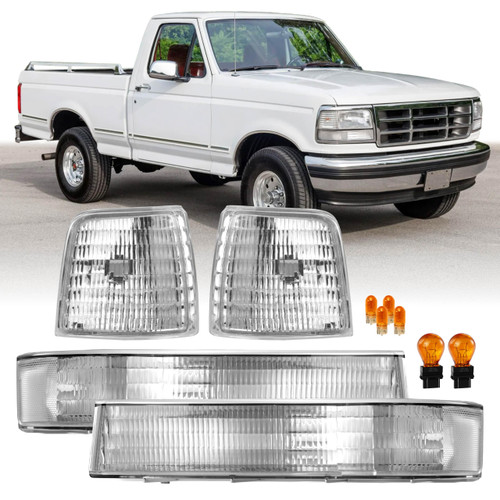 USR 92-96 F1C/F1E Turn Signal Lights – Corner Lamps (Left + Right) 4pc Set - Compatible with 1992-1996 Ford F150 / F250 / F350 and BRONCO All Models (CLEAR CORNER and TURN SIGNAL LIGHT with BULBS)